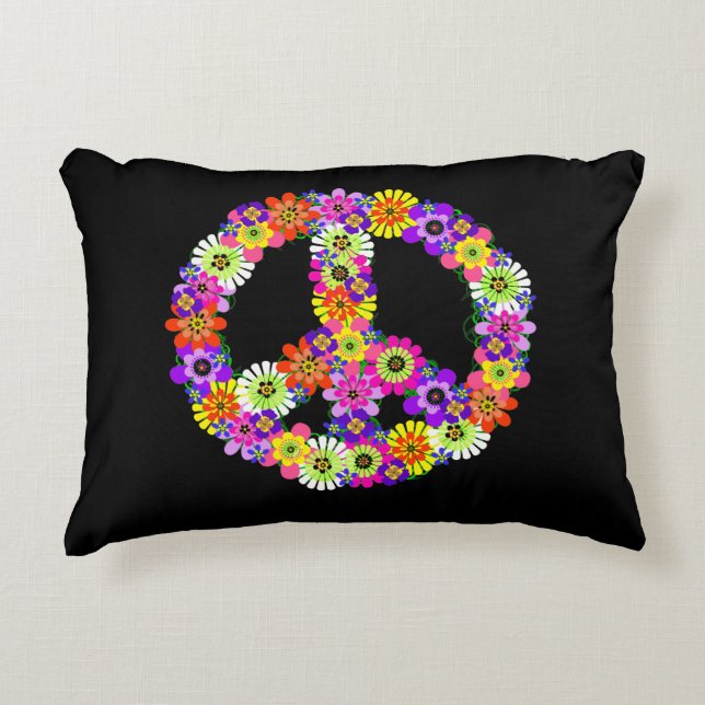 Peace Sign Floral on Black Accent Pillow (Front)