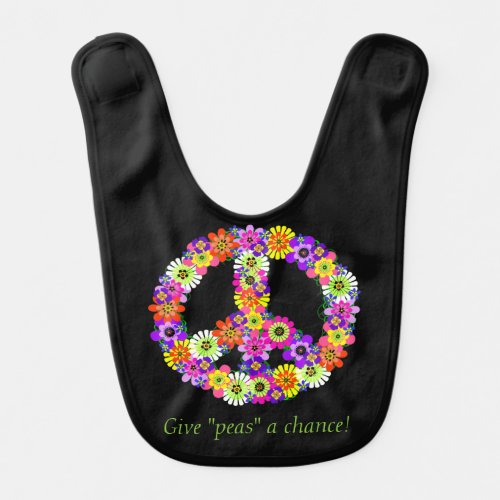 Peace Sign Floral on Black Baby Bib