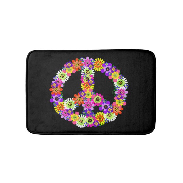 Peace Sign Floral on Black Bathroom Mat (Front)