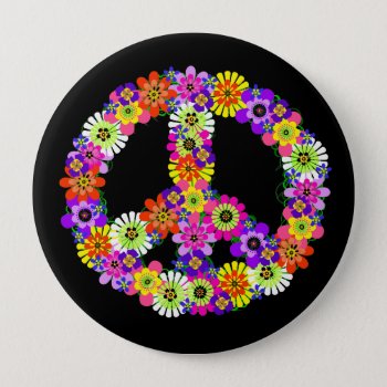 Peace Sign Floral On Black Button by Mistflower at Zazzle