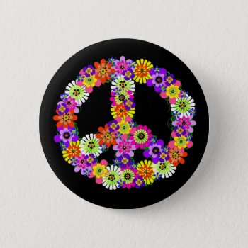 Peace Sign Floral On Black Button by Mistflower at Zazzle