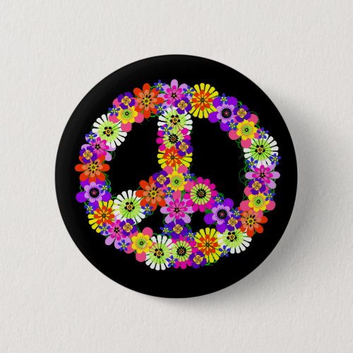 Peace Sign Floral on Black Button