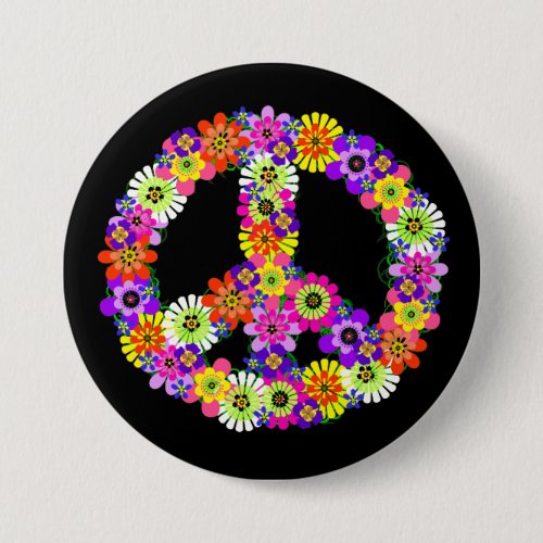 Peace Sign Floral on Black Button