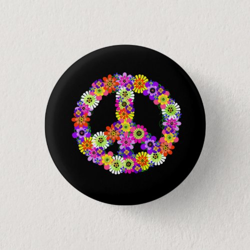 Peace Sign Floral on Black Button