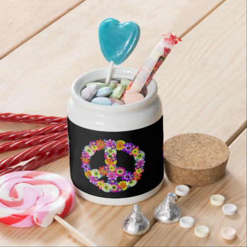 Peace Sign Floral on Black Candy Jar