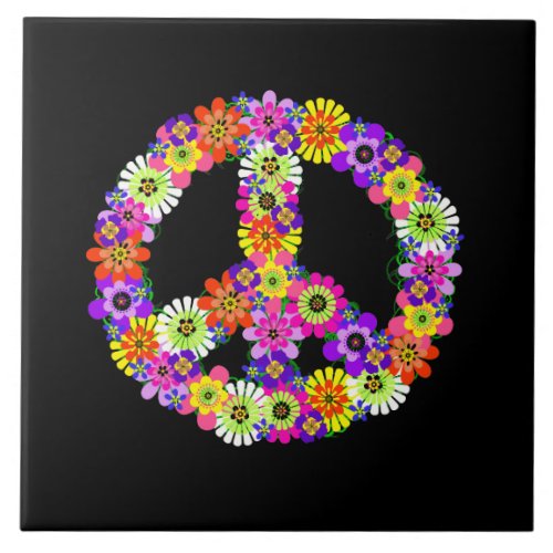 Peace Sign Floral on Black Ceramic Tile