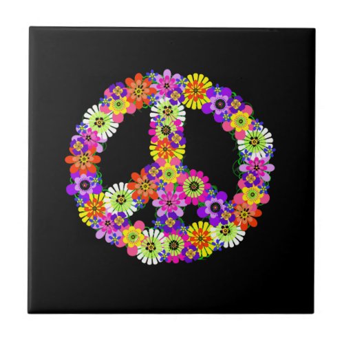 Peace Sign Floral on Black Ceramic Tile