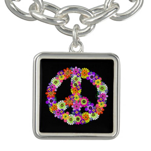 Peace Sign Floral on Black Charm Bracelet