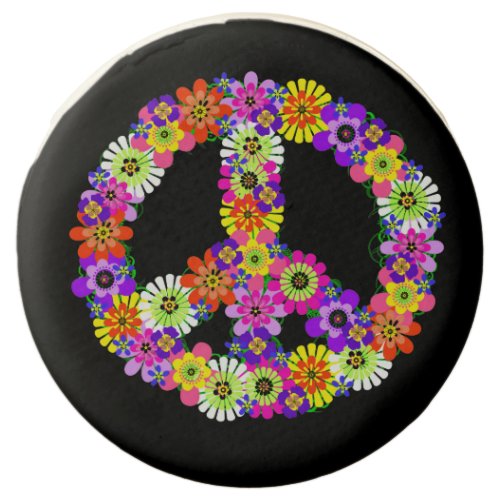 Peace Sign Floral on Black Chocolate Dipped Oreo