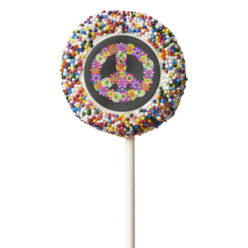 Peace Sign Floral on Black Chocolate Dipped Oreo Pop