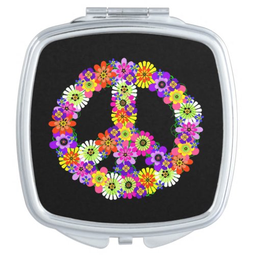Peace Sign Floral on Black Compact Mirror