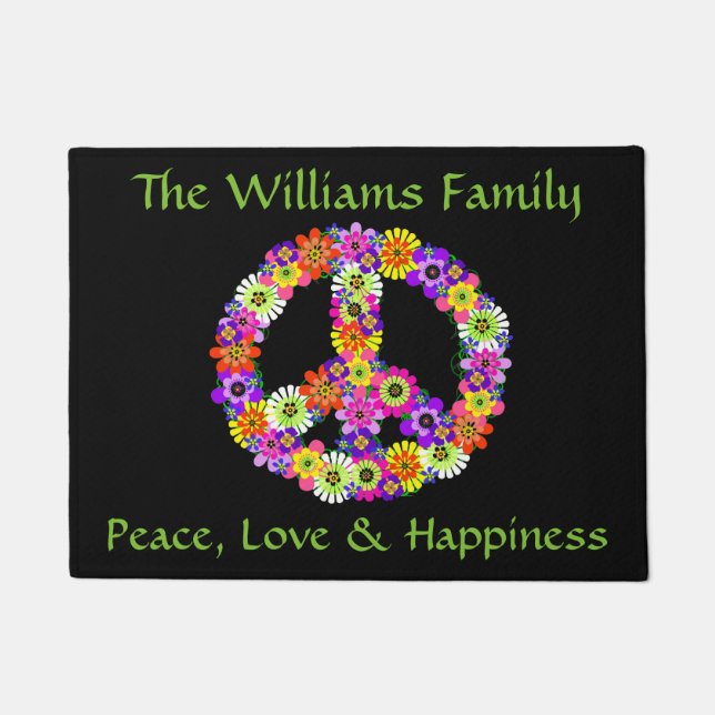 Peace Sign Floral on Black Customized Doormat (Front)