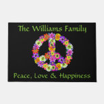 Peace Sign Floral On Black Customized Doormat at Zazzle