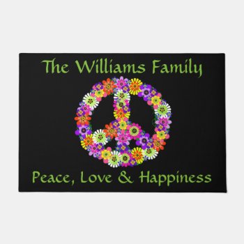 Peace Sign Floral On Black Customized Doormat by Mistflower at Zazzle