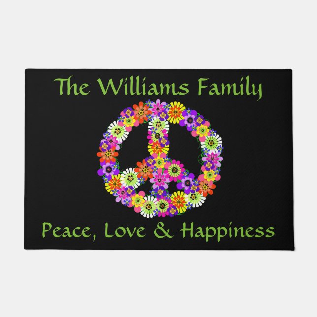 Peace Sign Floral on Black Customized Doormat (Front)