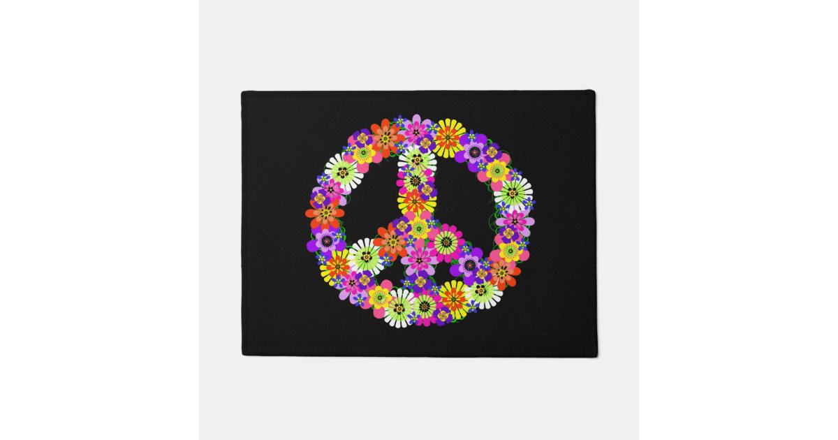 Peace Sign Floral On Black Doormat Zazzle Com