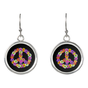 Peace Sign Floral on Black Earrings