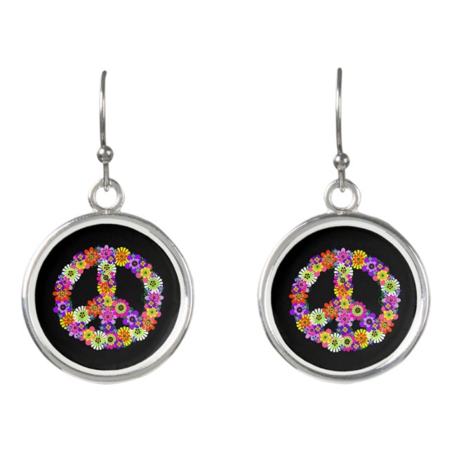 Peace Sign Floral on Black Earrings (Front)