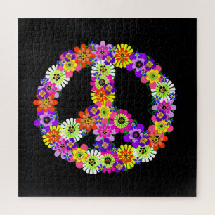 Peace Sign Floral on Black Jigsaw Puzzle