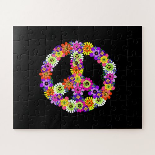 Peace Sign Floral on Black Jigsaw Puzzle
