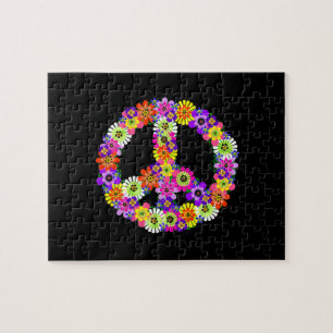 Peace Sign Floral on Black Jigsaw Puzzle
