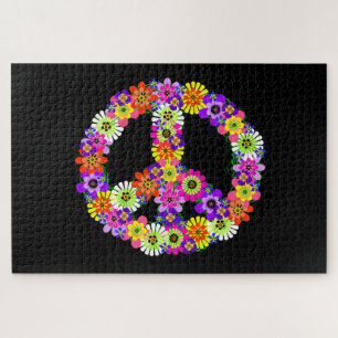 Peace Sign Floral on Black Jigsaw Puzzle