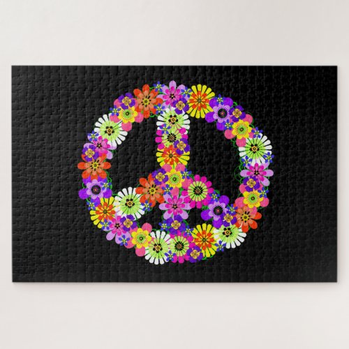 Peace Sign Floral on Black Jigsaw Puzzle