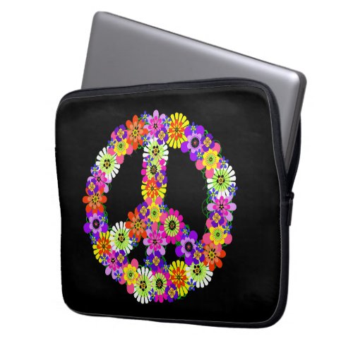 Peace Sign Floral on Black Laptop Sleeve