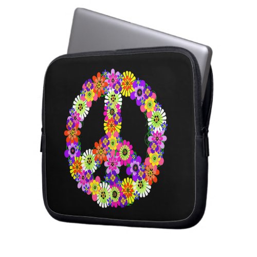 Peace Sign Floral on Black Laptop Sleeve