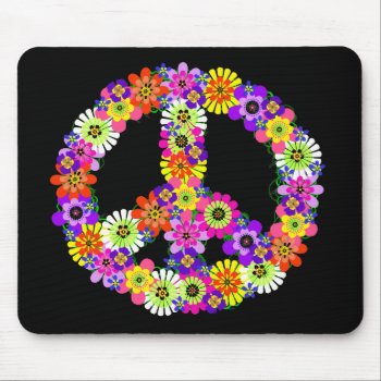 Peace Sign Floral On Black Mouse Pad by Mistflower at Zazzle