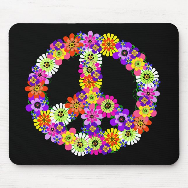 Peace Sign Floral on Black Mouse Pad (Front)