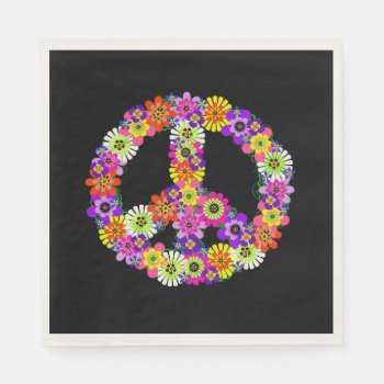 Peace Sign Floral On Black Napkins by Mistflower at Zazzle