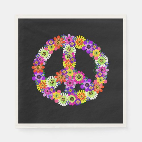 Peace Sign Floral on Black Napkins