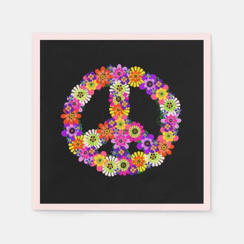 Peace Sign Floral on Black Napkins