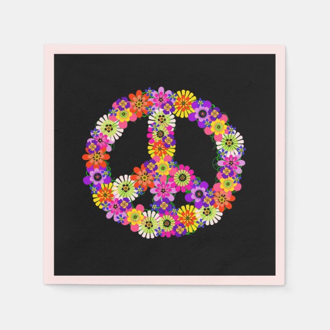 Peace Sign Floral on Black Napkins (Front)