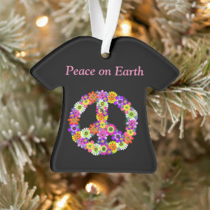 Peace Sign Floral on Black Ornament