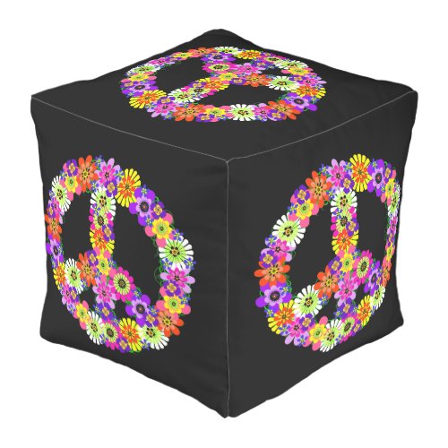 Peace Sign Floral on Black Outdoor Pouf