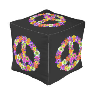 Peace Sign Floral on Black Outdoor Pouf