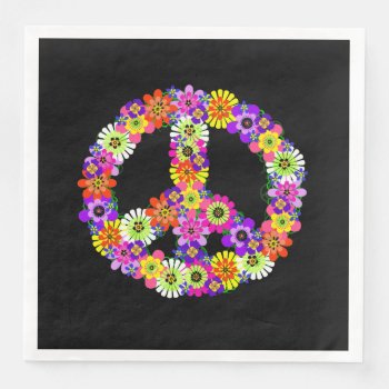 Peace Sign Floral On Black Paper Dinner Napkins by Mistflower at Zazzle