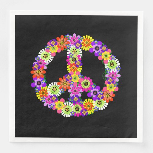 Peace Sign Floral on Black Paper Dinner Napkins