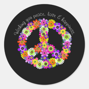 Peace Sign Floral on Black Peace Love Happiness Classic Round Sticker