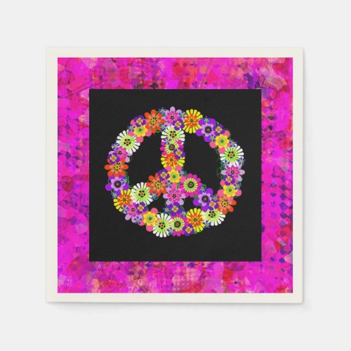 Peace Sign Floral on Black Petals Napkins