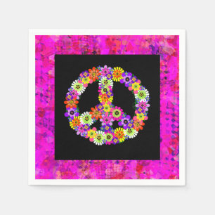 Peace Sign Floral on Black Petals Napkins