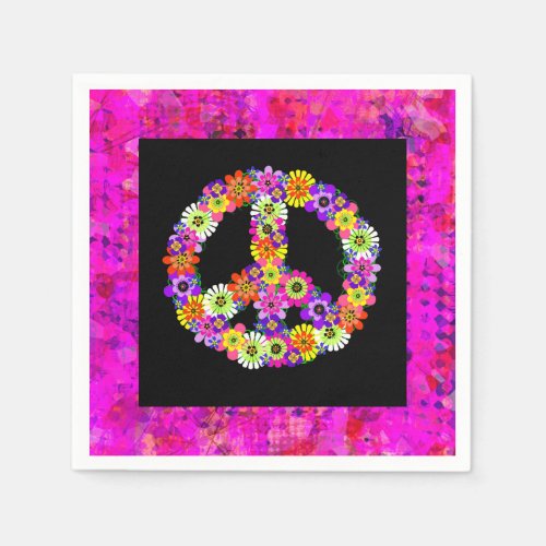 Peace Sign Floral on Black Petals Napkins