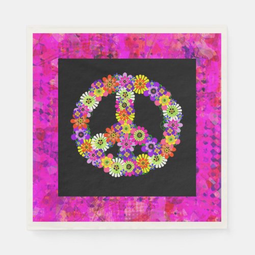 Peace Sign Floral on Black Petals Napkins