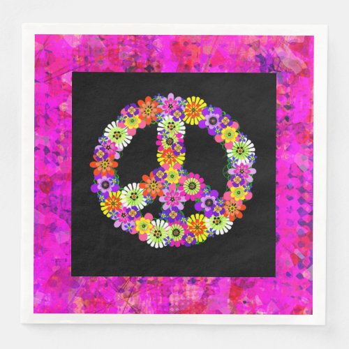 Peace Sign Floral on Black Petals Paper Dinner Napkins