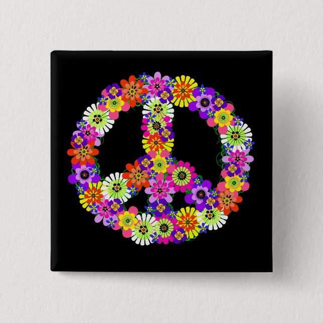 Peace Sign Floral on Black Pinback Button (Front)
