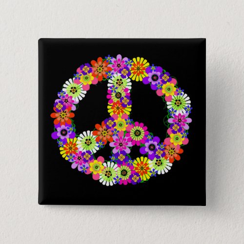 Peace Sign Floral on Black Pinback Button