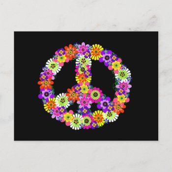 Peace Sign Floral On Black Postcard by Mistflower at Zazzle