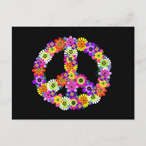 Peace Sign Floral on Black Postcard